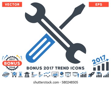Smooth Blue Spanner And Screwdriver pictograph with bonus 2017 trend icon set. Vector illustration style is flat iconic bicolor symbols, white background.