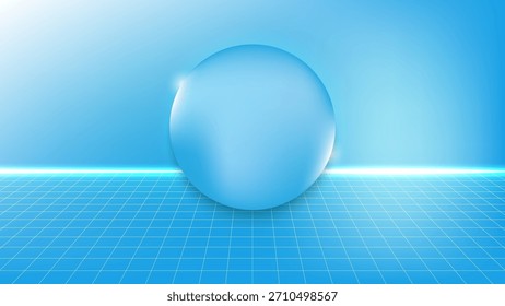 Uma esfera azul lisa em uma superfície de grade brilhante com iluminação suave, criando um olhar futurista moderno limpo