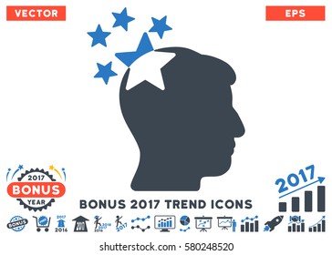 Smooth Blue Stars Hit Head pictogram with bonus 2017 trend pictograms. Vector illustration style is flat iconic bicolor symbols, white background.