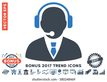 Smooth Blue Support Manager icon with bonus 2017 year trend pictograph collection. Vector illustration style is flat iconic bicolor symbols, white background.