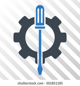Smooth Blue Tuning Options Gear interface icon. Vector pictograph style is a flat bicolor symbol on diagonal hatch transparent background.