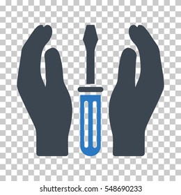 Smooth Blue Tuning Screwdriver Care Hands interface toolbar icon. Vector pictogram style is a flat bicolor symbol on chess transparent background.