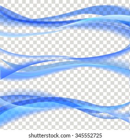 Smooth blue wave vector set on transparent background. Abstract  color curve, flow smoke motion illustration