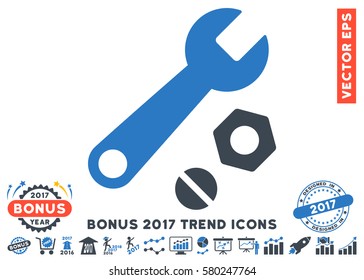 Smooth Blue Wrench And Nuts icon with bonus 2017 trend elements. Vector illustration style is flat iconic bicolor symbols, white background.