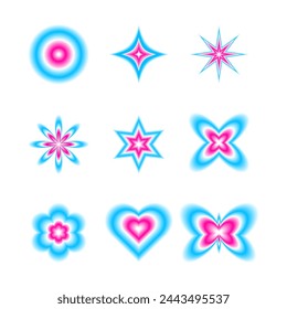 Smooth blurred gradient flowers, stars and hearts set. Set of shiny pink and blue vector objects. Y2K blurry aura shapes collection design elements  isolated on white background