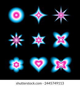 Smooth blurred gradient flowers, stars and hearts set. Set of shiny pink and blue vector objects. Y2K blurry aura shapes collection design elements  isolated on black background