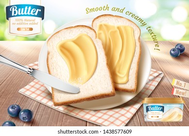 Smooth butter ads on toast in 3d illustration, wooden table and bokeh nature background