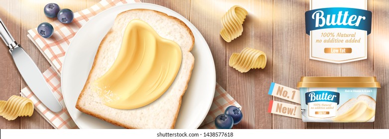 Smooth butter banner ads on toast in 3d illustration, wooden table background