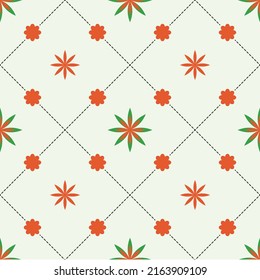Smooth and chic seamless pattern. The bloomong orange-green flowers are surrounded by medium and small orange flowers on a creamy background with dark gray diagonal dashes.