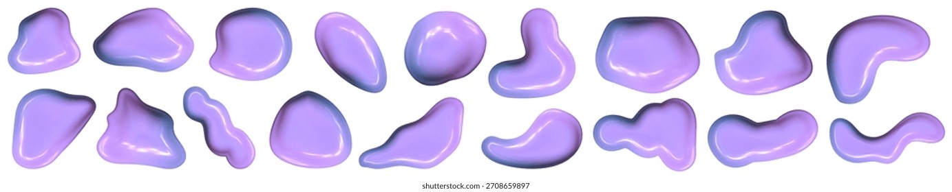 Blob 3D cromado suave com brilho líquido. A forma abstrata Y2K reflete a luz metálica e a sonhadora superfície blob 3D.
