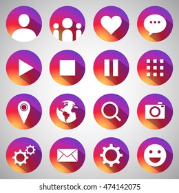 Smooth color gradient icon template set inspried by instagram logo colors. Vector social media icons for applications and web. Flat design with shadow.