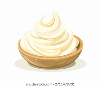 A smooth creamy dessert in a simple brown bowl cartoon vector icon isolated on white background. Mascarpone, whipped cream or frosting, a soft swirl shape. Light texture and bright white color 