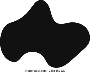 Smooth, curved, and irregular black blob shape creates a sense of fluidity and dynamism against a clean white backdrop, offering a versatile design element for various creative projects