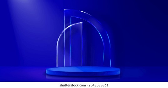 Smooth cylindrical platform beneath transparent curved glass arch elements in deep royal blue environment. Premium exhibition space for luxury product showcase. Realistic 3d goods promotion display.