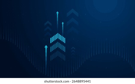 Uma onda de dados suave se curva ao longo do plano de fundo, sugerindo análise em tempo real, previsão financeira ou flutuações de mercado. e Grupo de setas para cima contra um plano de fundo azul escuro