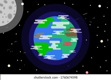 A smooth design world with a white space and circular star background. White clouds and green earth with blue ocean illustration vector