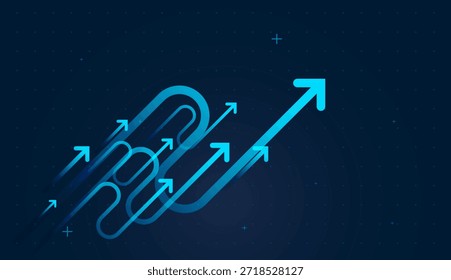 As setas digitais suaves varrem para cima, simbolizando o aumento das métricas de negócios. e os caminhos azuis curvos mostram estratégias complexas convergindo para um crescimento claro.