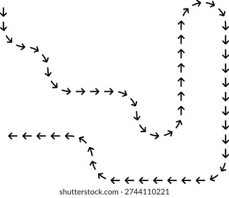 Smooth dotted arrow tracing a curved trajectory marked by steady directional progression.