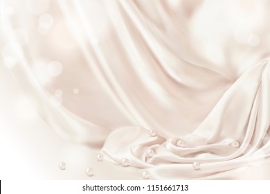 Smooth drapery with pearls background in 3d illustration, glitter effect