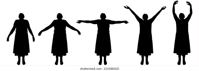 Smooth, elegant, graceful hand movements. A group of women stands straight and moves their arms. Dance lesson, ballet. Dance teacher in a dress. Hands in motion, legs without movement, standing still.