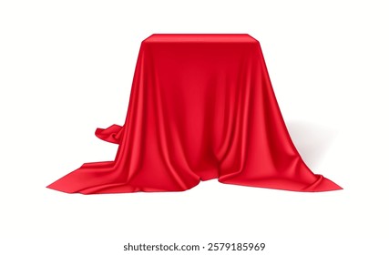 Smooth elegant red silk cloth covering cubic pedestal realistic vector illustration. Anticipation for grand event 3d object on white background