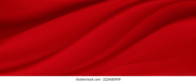 La elegante seda roja del cielo suave o la textura satinada de tela de lujo pueden utilizarse como fondo de boda. Lujosos antecedentes navideños o antecedentes de Año Nuevo. Ilustración vectorial 3d. Vector de stock