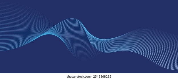 Fluxo suave de forma ondulada com fundo abstrato de vetor gradiente, movimento de energia de linha de curva de design azul escuro, som ou tecnologia de música relaxante