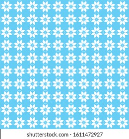 Smooth, flower-shaped pattern with six petals. Blue background, white color. Patterned in white flowers