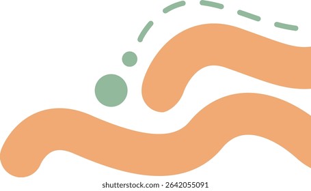 Smooth, flowing curved lines in warm orange tones, accented by a small green dot, symbolizing the gentle rhythm and vibrancy of natural elements in a minimalist, abstract design.