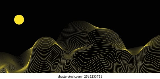 Smooth flowing dynamic black wave lines mountain landscape scenery isolated on white background. Technology, digital, communication, science, music concept vector background illustration