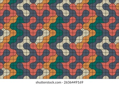 Smooth flowing metaball forms in bold retro hues arranged in a repeating, seamless grid to create a geometric artistic look