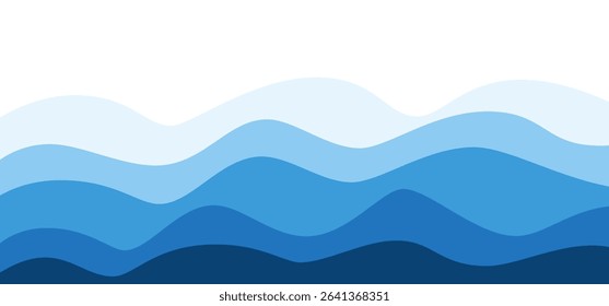 Smooth flowing ocean waves in flat vector style with various shades of blue perfect for sea beach design, summer promotions or educational materials. Ideal for use in web banner, mobile app.