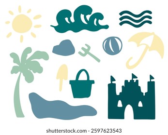 A smooth, flowing organic shape by beach elements as waves and umbrella. A sense of fun and sunny. The design features soft curves and asymmetrical forms. For poster or pattern design asset