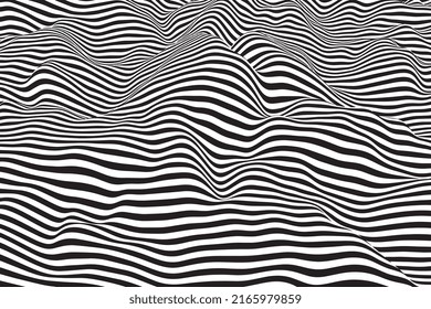 Fondo de onda a rayas que fluye suavemente. Superficie de líneas líquidas onduladas en blanco y negro. Diseño de patrones geométricos digitales