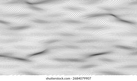  Padrão de linha ondulada fina preta do vetor de fluxo suave no branco. Efeito líquido suave da água, design de superfície sutil.