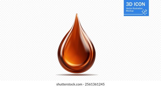 A smooth, glossy brown droplet represents oil, featuring a reflective surface that highlights its curves. The design is set against a subtle, light backdrop for clear visibility.