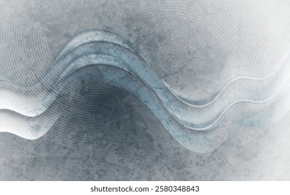 Smooth glossy waves and circular lines on the grunge concrete wall background. Retro geometric abstract vector design