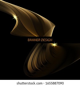 
Líneas de onda doradas suaves sobre un fondo abstracto negro. Elemento de diseño.
