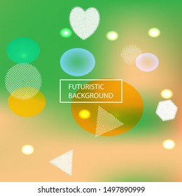 Smooth gradient mesh background. Vector illustration flyer. Vibrant backdrop with colored bubbles and white shapes. Green modern abstract design for mobile app and user interface.