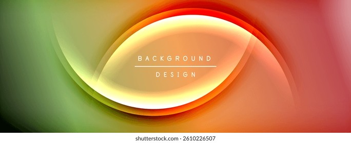 Smooth gradients create dynamic curves. Orange, yellow, green blend seamlessly. Center text reads BACKGROUND DESIGN. Modern, vibrant aesthetic.