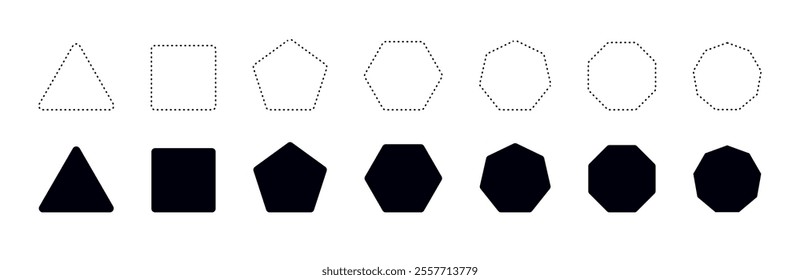 Smooth hexagon shape with geometric edges set. Regular polygon icon. Flat vector illustration isolated on white background.