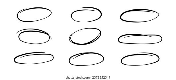 Smooth highlight circles set. Doodle and scribble ellipses collection. Black hand drawn ovals or bubbles for emphasis. Sketchy round elements for collage, poster, banner, cover. Vector pack