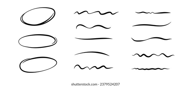 Smooth highlight lines and circles set. Doodle ellipses and wave strokes collection. Black underline curve wiggles and ovals. Vector handdrawn emphasis elements for poster, banner, decoration, collage