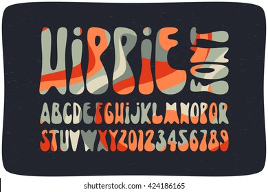 Smooth hippie font filled with wavy psychedelic seamless pattern. Vintage rounded alphabet.