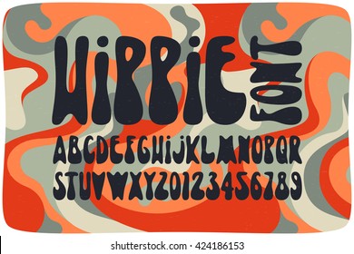 Smooth hippie font with wavy psychedelic seamless pattern. Vintage rounded alphabet.