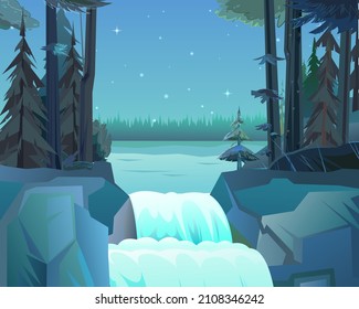 Smooth landscape with waterfall out of lake among rocks. Pine forest. Cascade shimmers downward. Water flowing. Nighttime dark time. Nice cartoon style. Flat design. Vector.