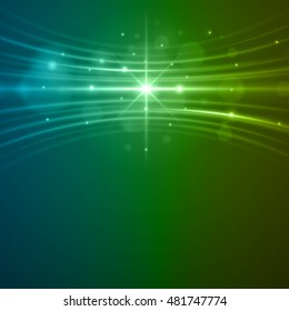 Smooth light blue green waves lines and Lens Flares vector abstract background. Good for promotion materials, brochures, banners. Abstract Backdrop, Glowing effects.