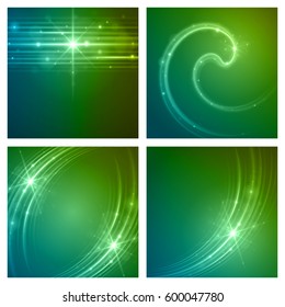 Smooth light blue green waves lines and Lens Flares vector abstract set backgrounds. Good for promotion materials, brochures, banners. Abstract Backdrop, Glowing effects.