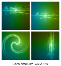 Smooth light blue green waves lines and Lens Flares. Vector abstract set backgrounds. Good for promotion materials, brochures, banners. Abstract Backdrop, Glowing effects.