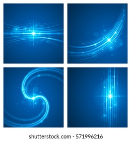 Smooth light blue waves lines and Lens Flares vector abstract set backgrounds. Good for promotion materials, brochures, banners. Abstract Backdrop, Glowing effects.